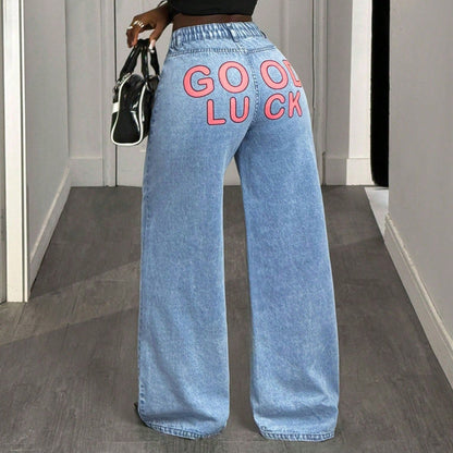 Damen High-Waist-Jeans Statement-Print Eveloria
