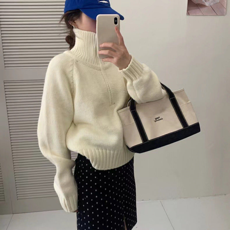 Damen Pullover Stehkragen Reißverschluss Kuschelig Gestrickt Eveloria