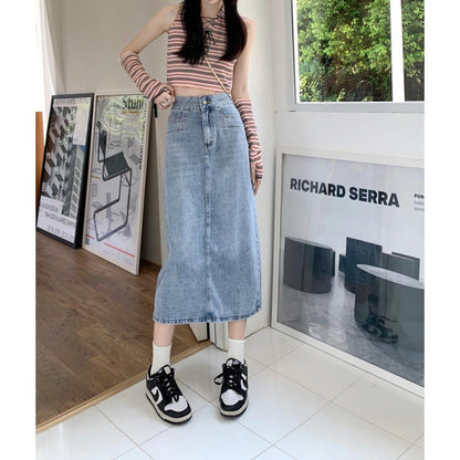 Damen Midi-Denimrock Lässig Mit Seitenschlitzen Blau Eveloria
