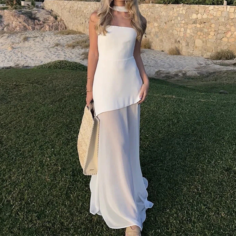 Damen Maxikleid Asymmetrisch Transparenter Überrock