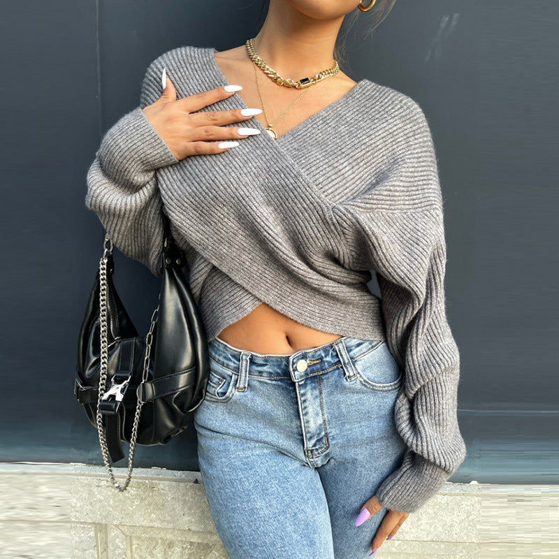 Damen Wickelpullover Modernes Strukturdesign Eveloria