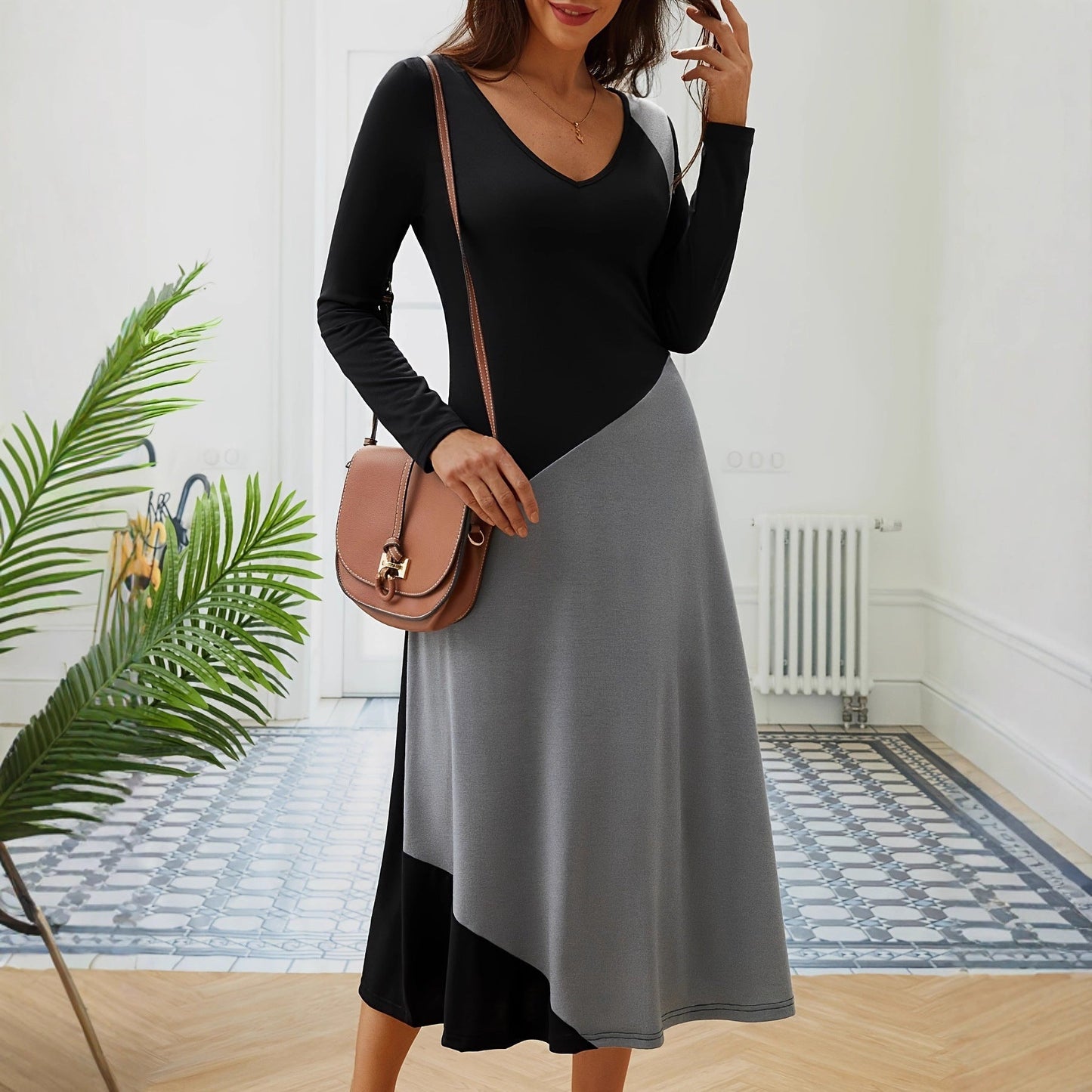 Damen Langarm-Kleid Figurbetont Moderner Schnitt Farbeinteilungen