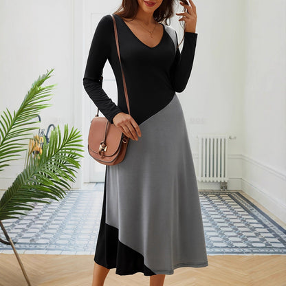 Damen Langarm-Kleid Figurbetont Moderner Schnitt Farbeinteilungen