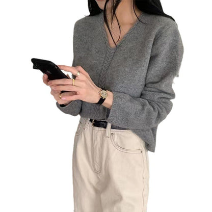 Damen Pullover V-Ausschnitt Feines Zopfmuster Eveloria