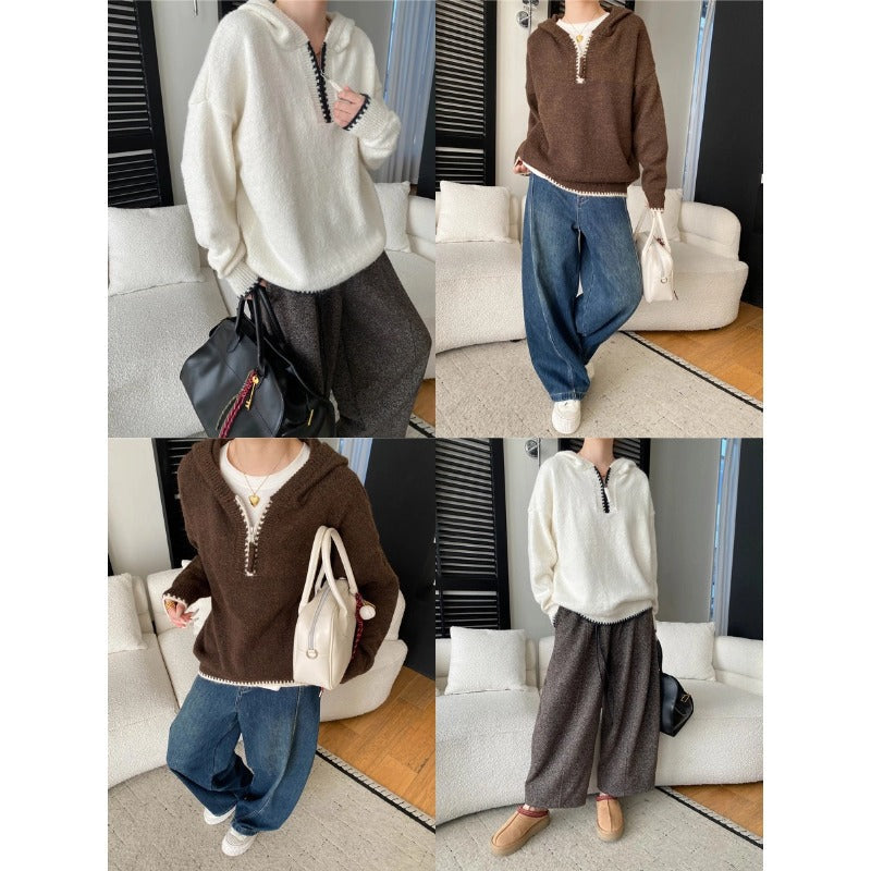 Damen Hoodie Kuschelig Halbreißverschluss Bequem Grau