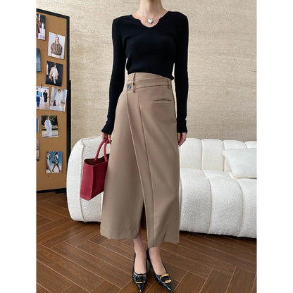 Damen Midirock Überlappendes Design Knopfdetails Eveloria