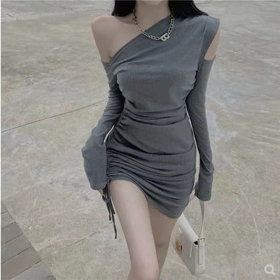 Damen Minikleid Asymmetrischer Ausschnitt Figurbetonter Raffungseffekt