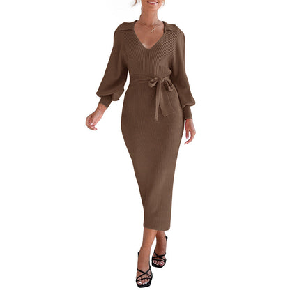 Damen Strickkleid V-Ausschnitt Elegantes Taillieren Eveloria