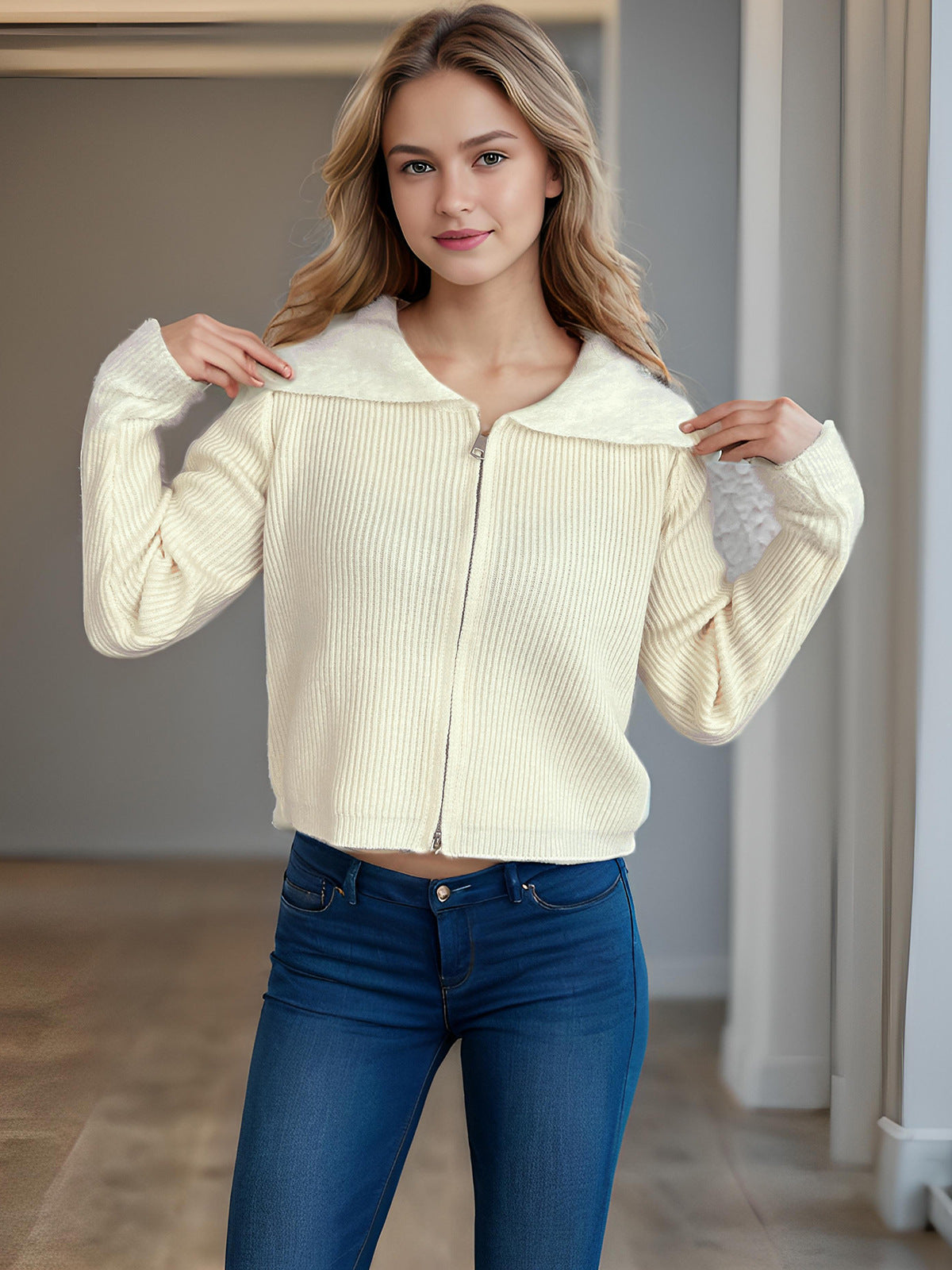 Damen Strickjacke mit Reißverschluss und Puffärmeln Eveloria