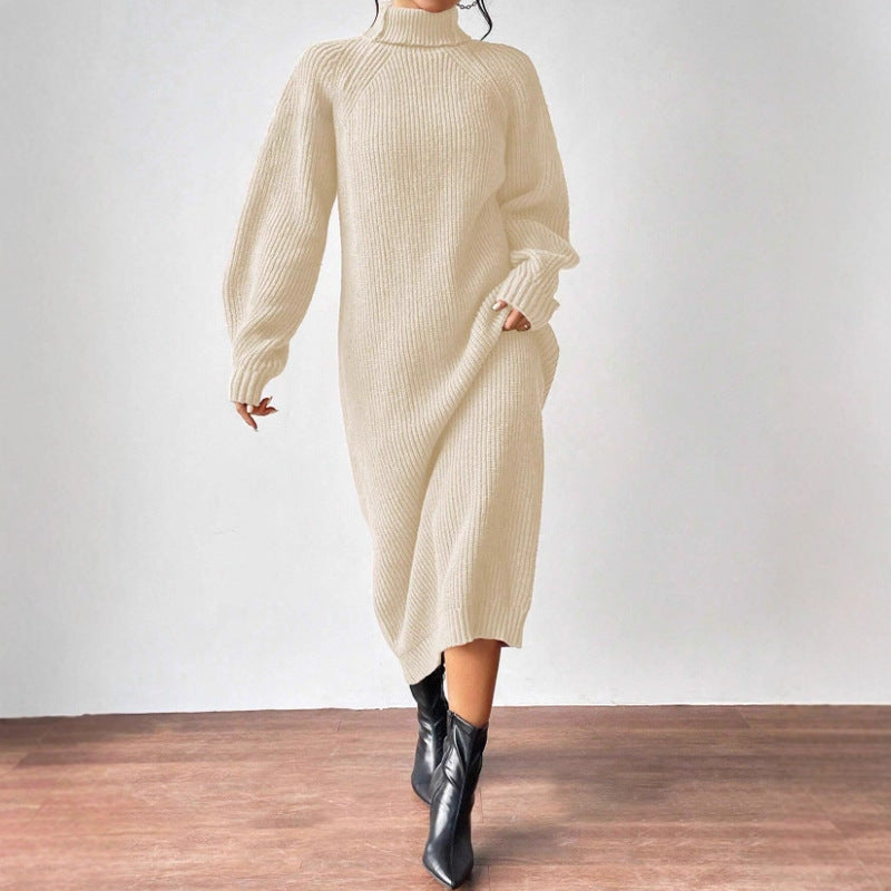 Damen Strickkleid Hochgeschlossener Kragen Weite Passform Beige