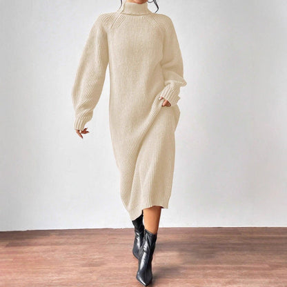Damen Strickkleid Hochgeschlossener Kragen Weite Passform Beige