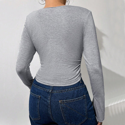 Damen Langarmshirt Trompetenärmel V-Ausschnitt Elegant