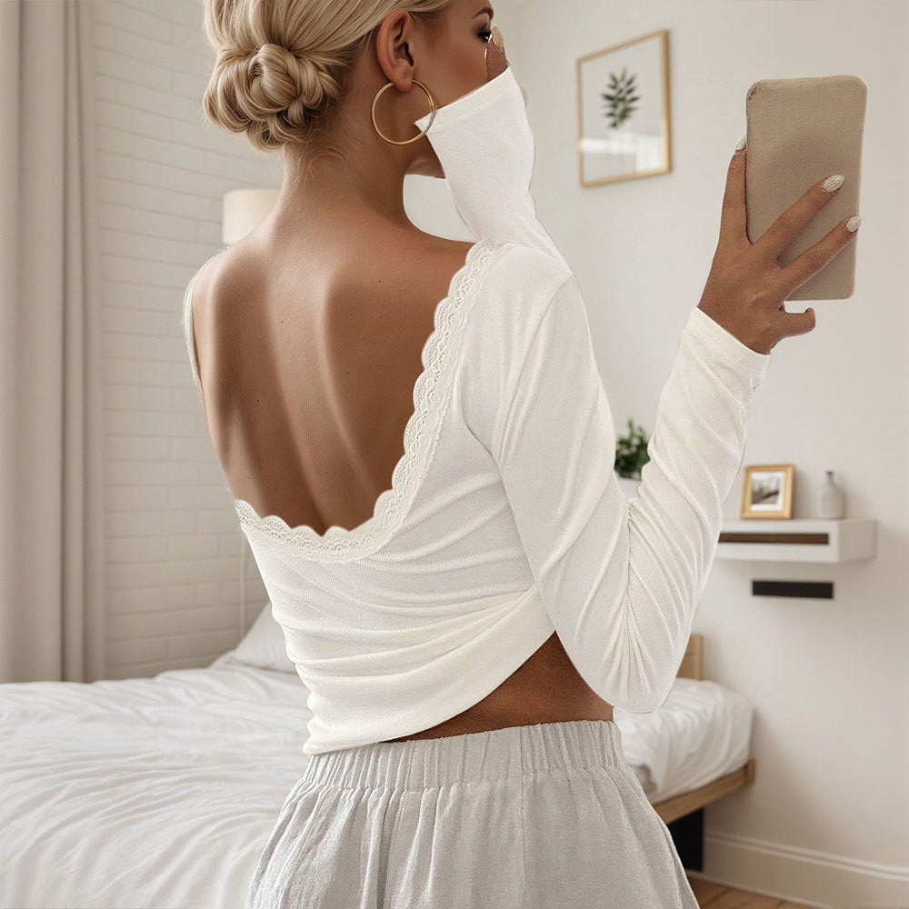 Damen Langarmshirt mit tiefem Rückenausschnitt und Spitzenverzierung - Eveloria