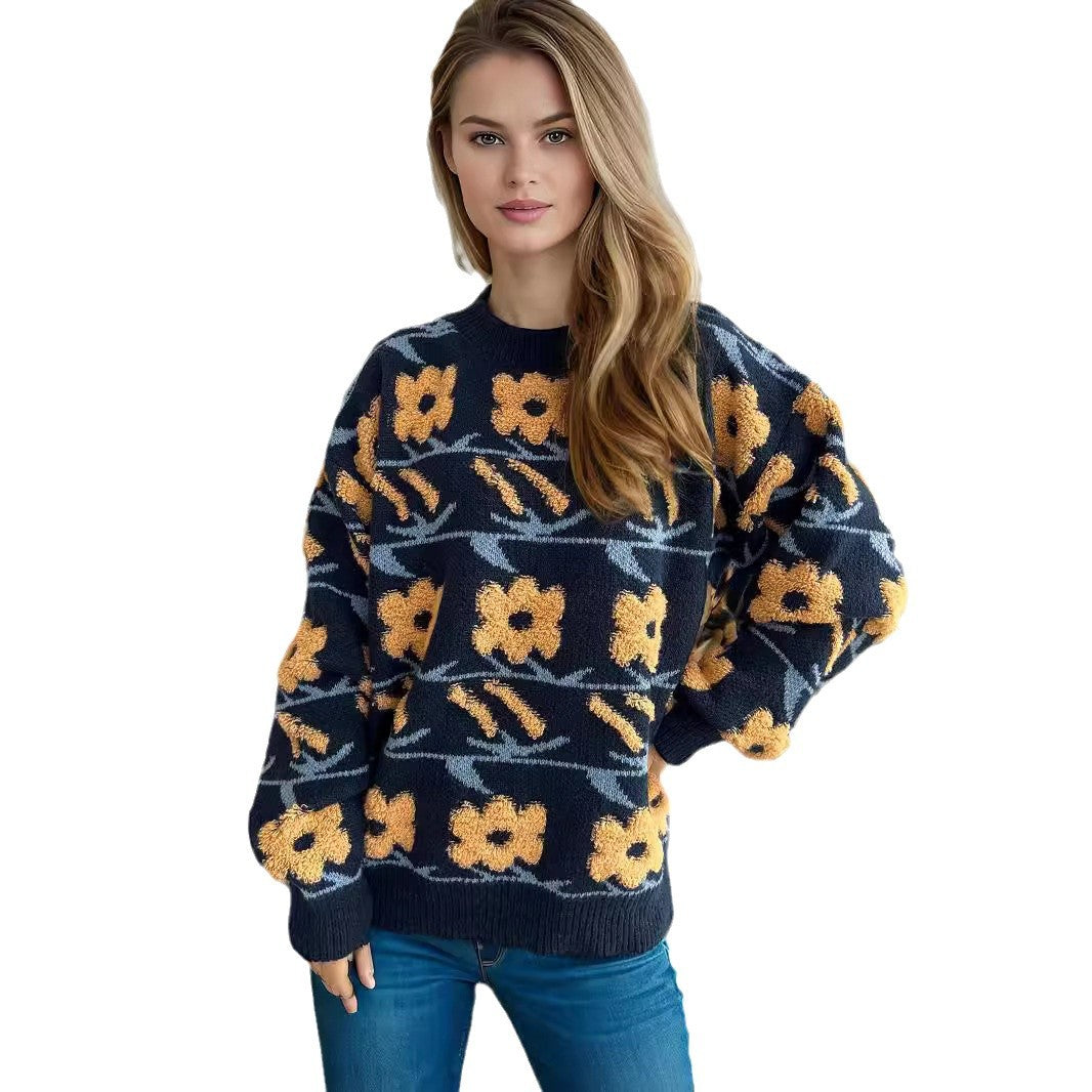 Damen Strickpullover Kuscheliger Floralmuster 3D-Applikationen
