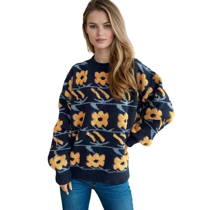 Damen Strickpullover Kuscheliger Floralmuster 3D-Applikationen