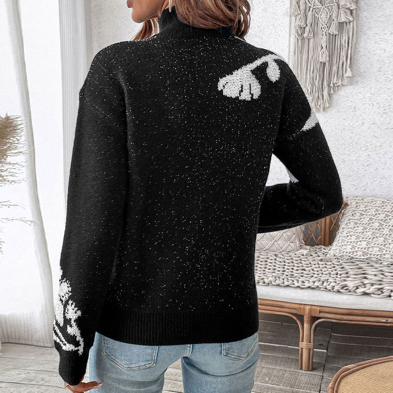 Damen Strickpullover Floral Design Hoher Kragen Eveloria