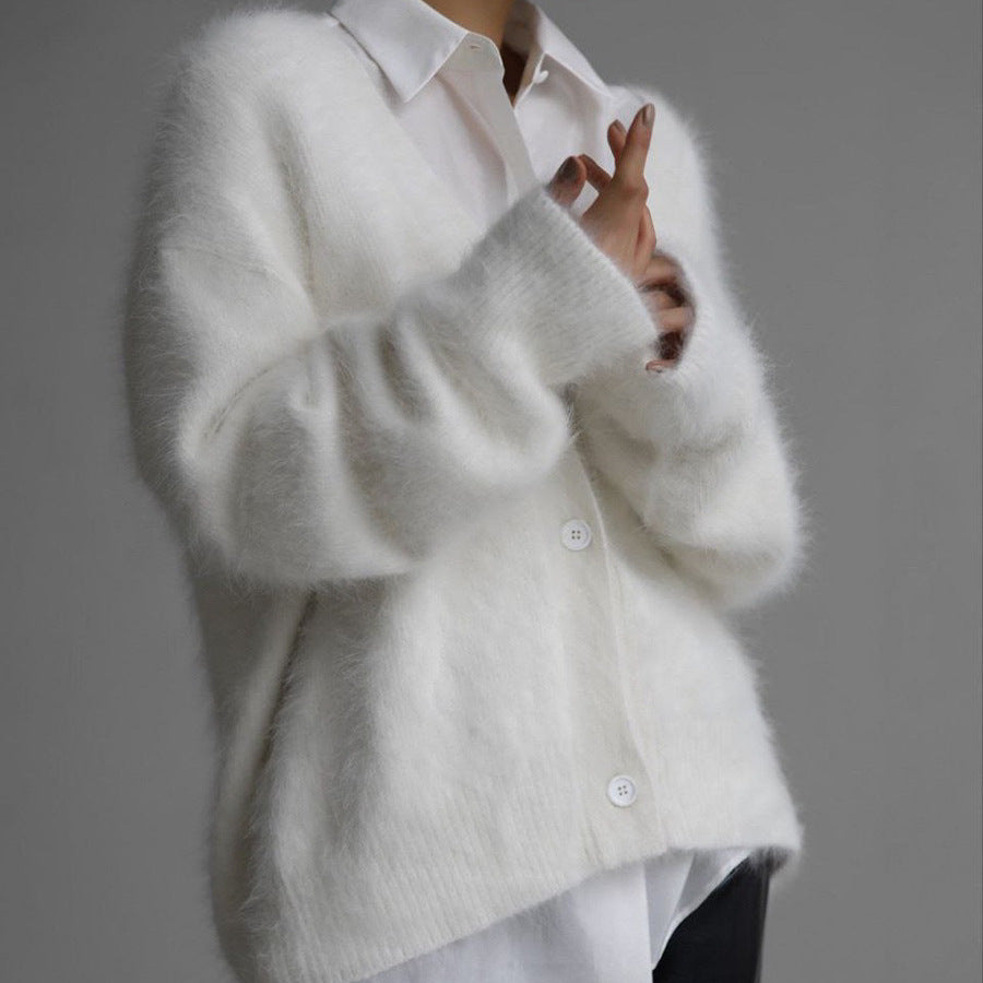 Damen Strickjacke V-Ausschnitt Knöpfe Flauschig Grau Eveloria