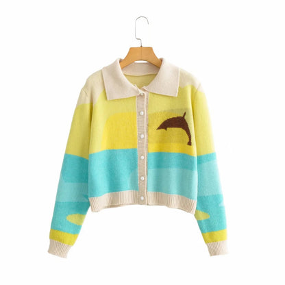 Damen Strickjacke Delfin-Design Knöpfer Kragen Blau