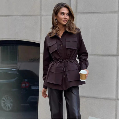 Damen Utility-Jacke Verstellbarer Taillenzug Aufgesetzte Taschen