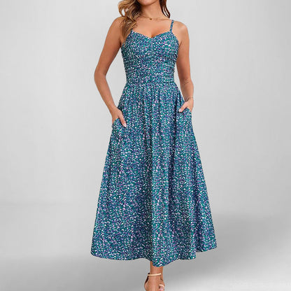 Damen Maxikleid Schmale Träger Baumwolle Mit Seitentaschen Beige