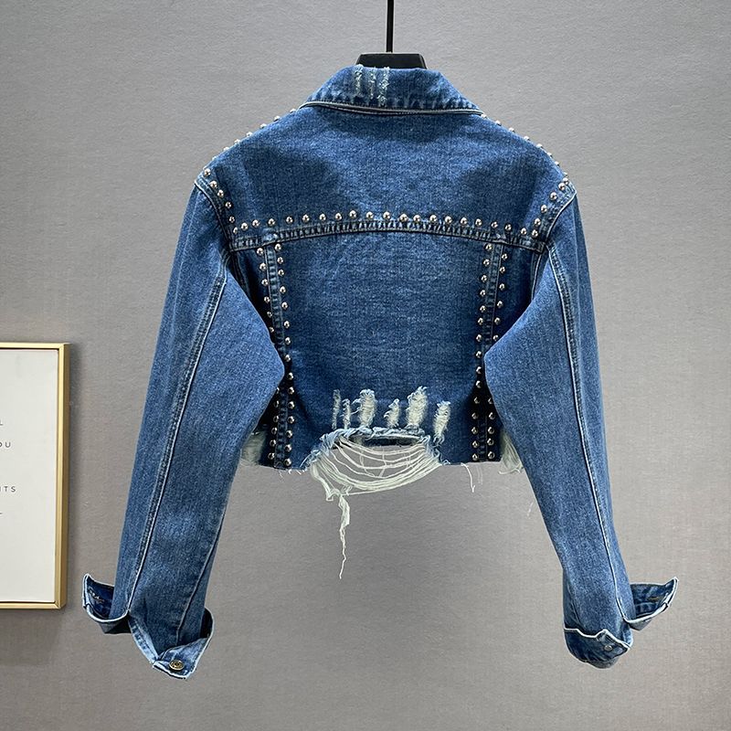 Damen Denimjacke Nieten Fransen Blau Eveloria