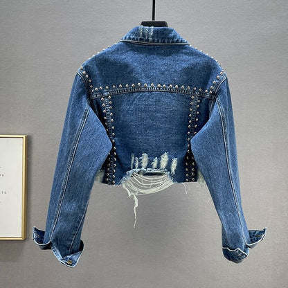 Damen Denimjacke Nieten Fransen Blau Eveloria