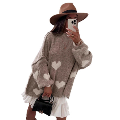 Damen Oversized-Pullover Herz-Muster Voluminöse Ärmel Grau