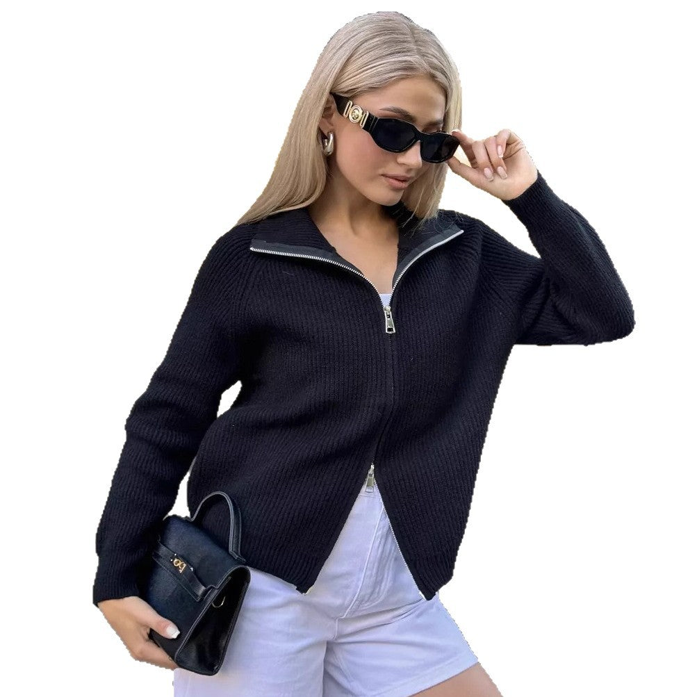 Damen Grobstrickpullover Hochkragen Reißverschluss Beige