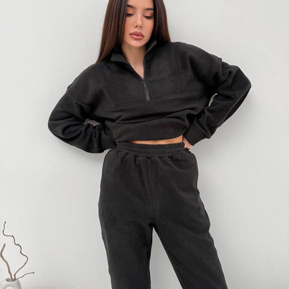 Damen Fleece-Loungewear-Set Halblang Reißverschluss Elastisch