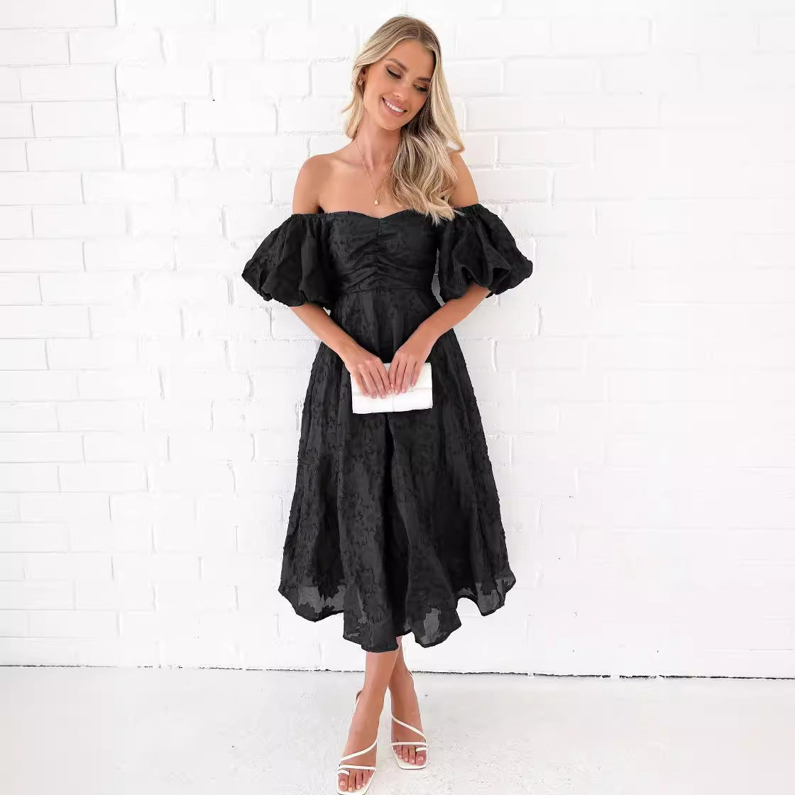 Damen Midikleid Puffärmel Floralmuster Eveloria