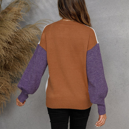 Damen Pullover Lässig Knopfleiste Kontrastärmel Eveloria