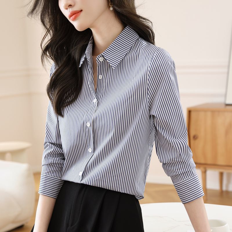 Damen Hemdbluse Gestreift Eleganter Kragen Weiß - Eveloria