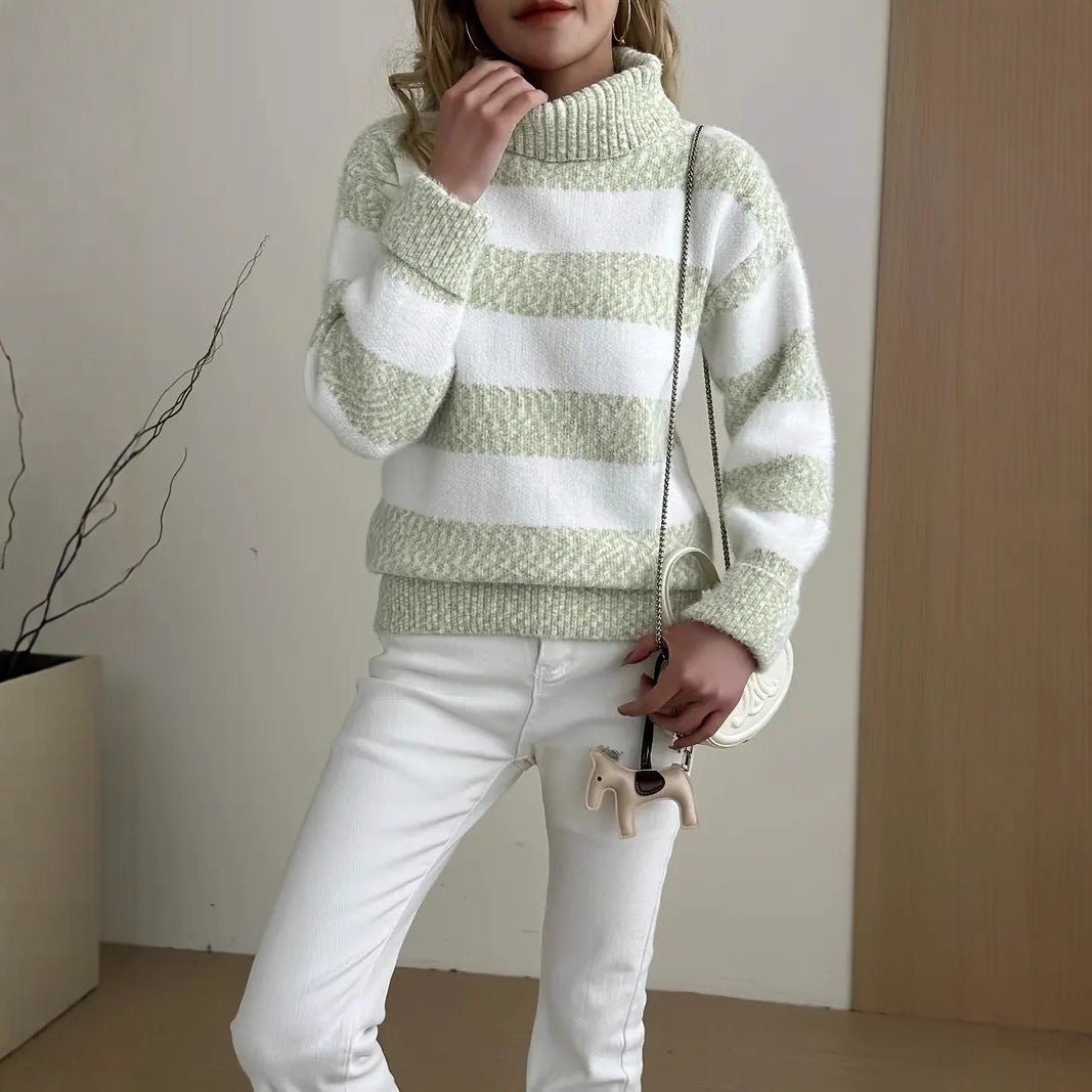 Damen Pullover Hochkragen Gestreift Grün Eveloria