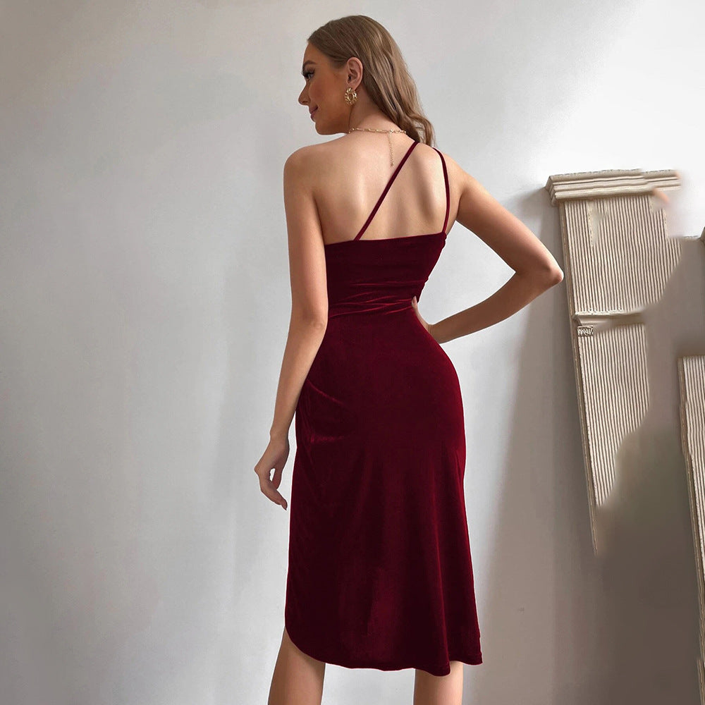 Damen Minikleid Samt Asymmetrischer Ausschnitt Rüschendetails