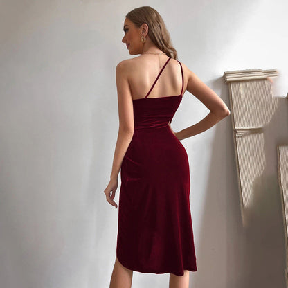 Damen Minikleid Samt Asymmetrischer Ausschnitt Rüschendetails