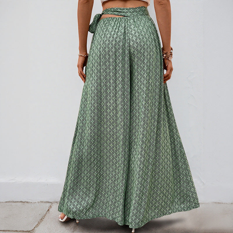 Damen Palazzo-Hose Weite mit Bindegürtel und Print