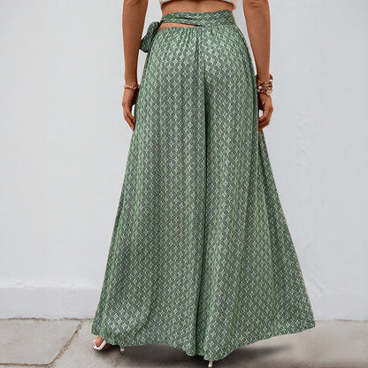 Damen Palazzo-Hose Weite mit Bindegürtel und Print