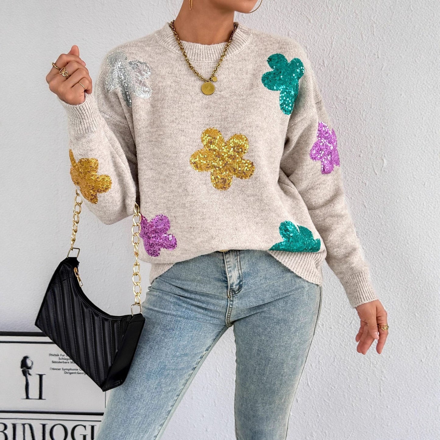 Damen Oversized Pullover Glitzer Floralmuster Eveloria - Eveloria