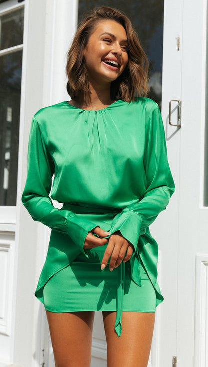 Damen Minikleid Langarm Elegant Taillenknoten