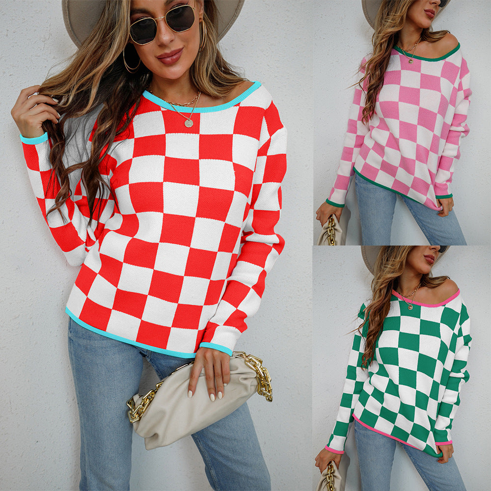 Damen Pullover Checkerboard Muster Grau Eveloria - Eveloria