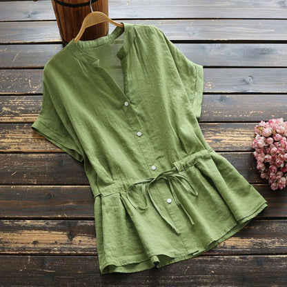 Damen Tunika Button-Up Kurzärmelig Tailliert Beige