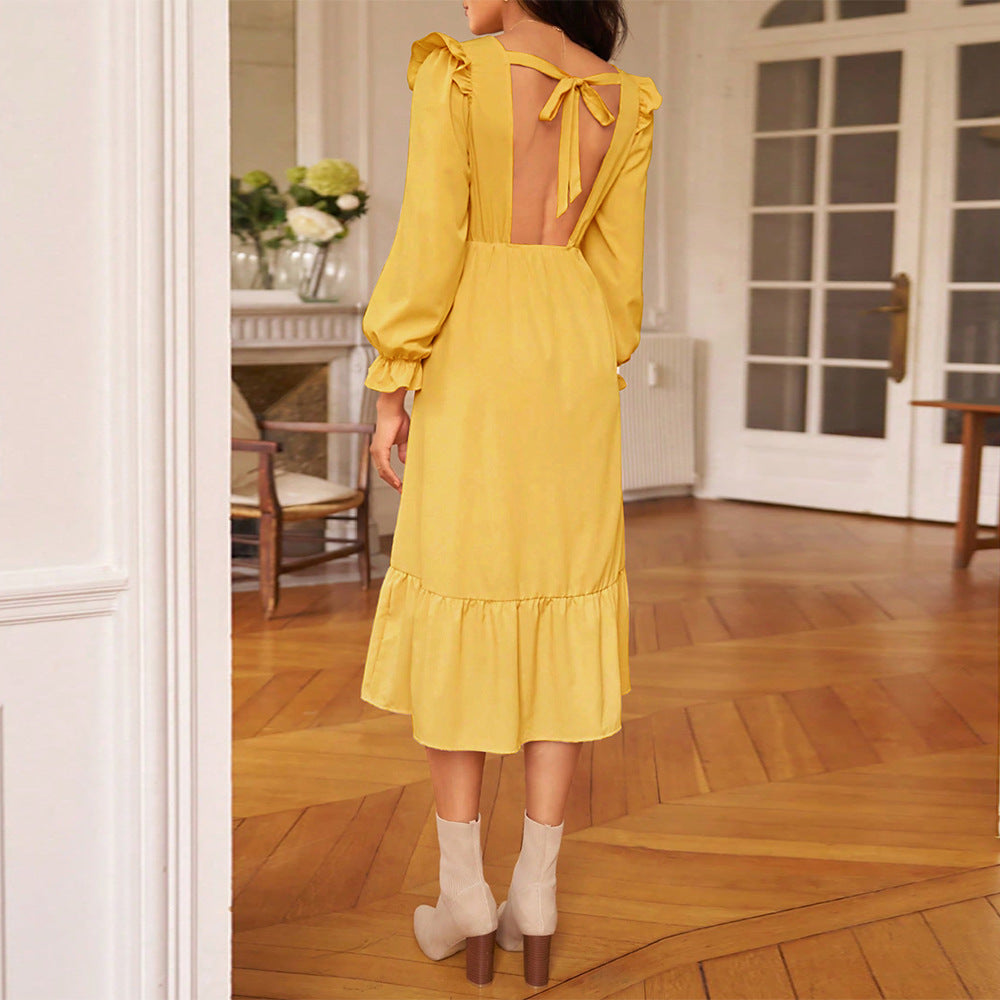 Damen Midikleid Elegant Rüschendesign Schlitz Seitlich Eveloria