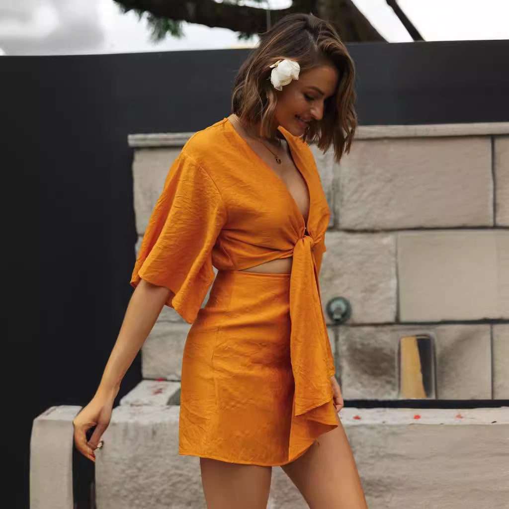 Damen Kleid Kurzarm Raffiniertes Knoten-Design Fließend Blumenmuster