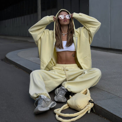 Damen Oversized Loungewear Set Baumwolle Kordelzug Beige