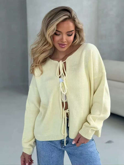 Damen Grobstrickpullover Lässig Bindebänder Beige