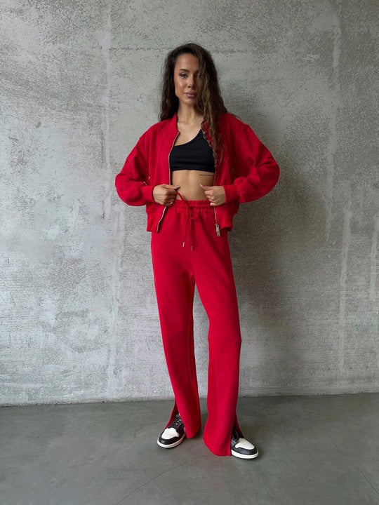 Damen Fleece-Jogginganzug Höher Kragen Eingrifftaschen Grau Eveloria