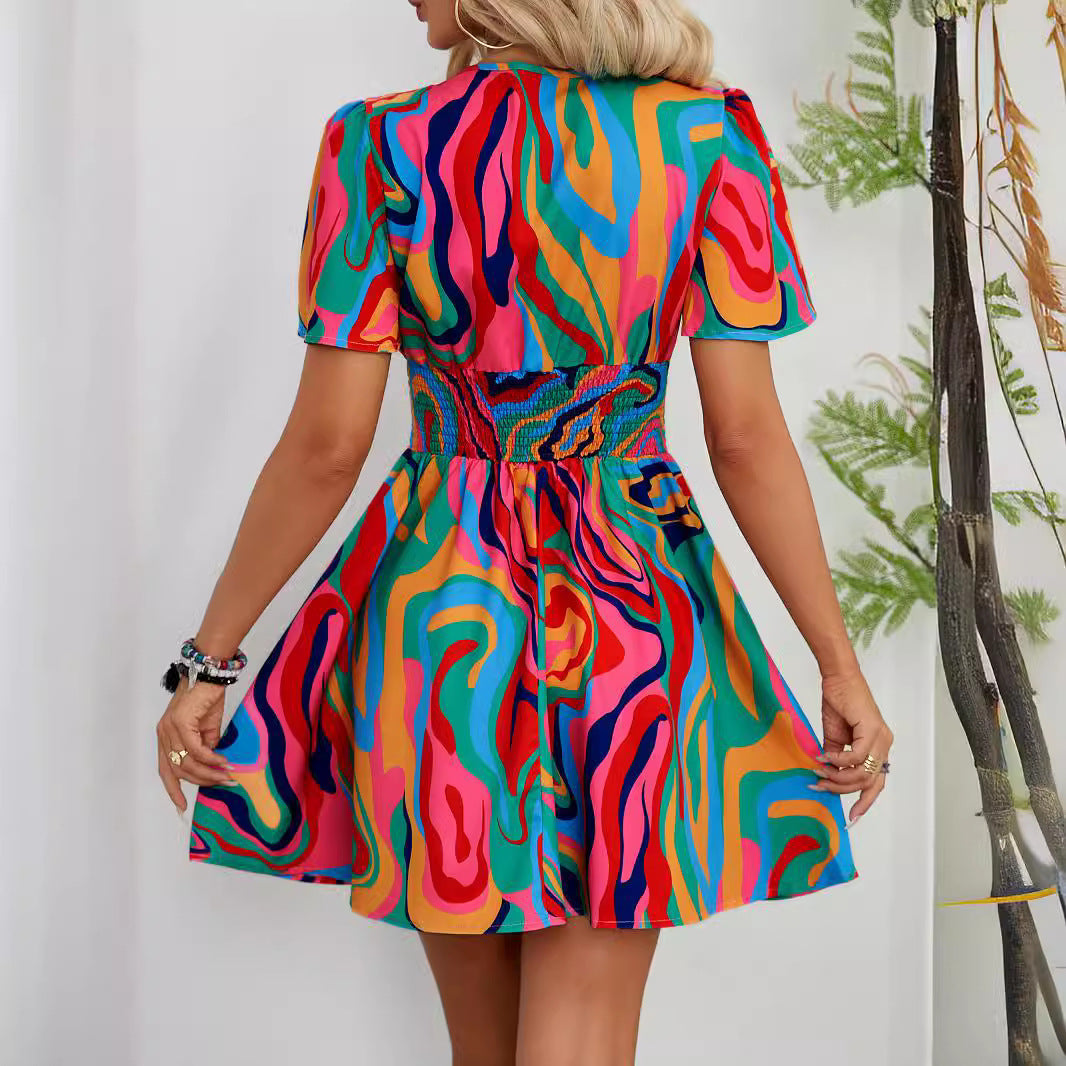 Damen Kurzarmkleid Wellenmuster Tailliert Eveloria