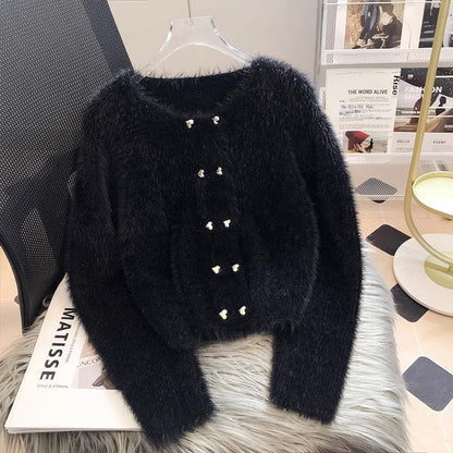 Damen Cardigan Flauschig Herzknöpfe
