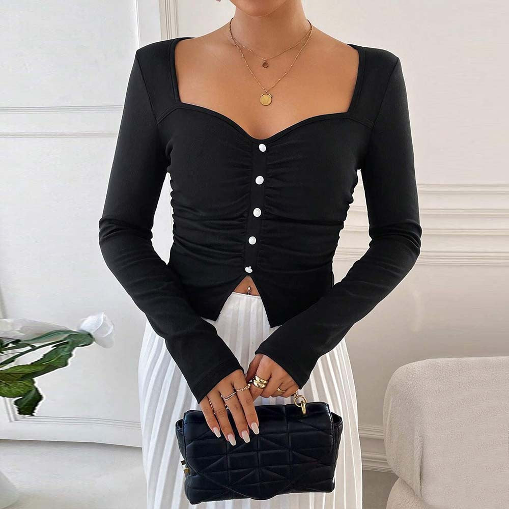 Damen Crop- Langarm Gerafft mit Knopfdetail Weißen Rücken - Eveloria