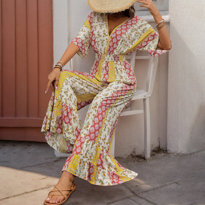 Damen Jumpsuit Floralmuster Weite Beine Eveloria